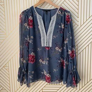 White House Black Market Floral Bell sleeves lace bust Blouse tie wrist sheer 6